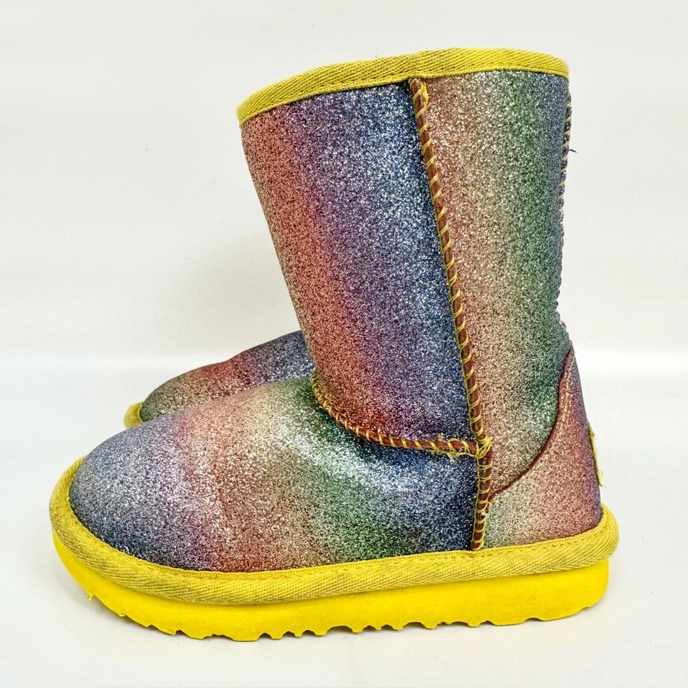 UGG Classic Glitter II Rainbow Yellow Trim Lined Toddler Girls Boots Size 10